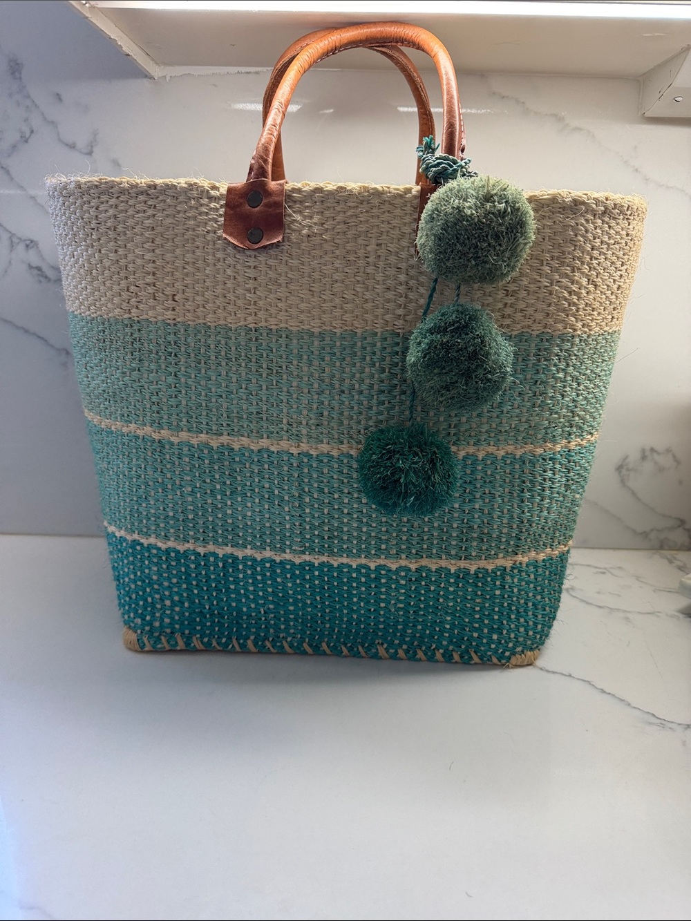 Mar y Sol Woven Straw Tote Bag with Teal Ombre Stripes and Pom Pom Accent